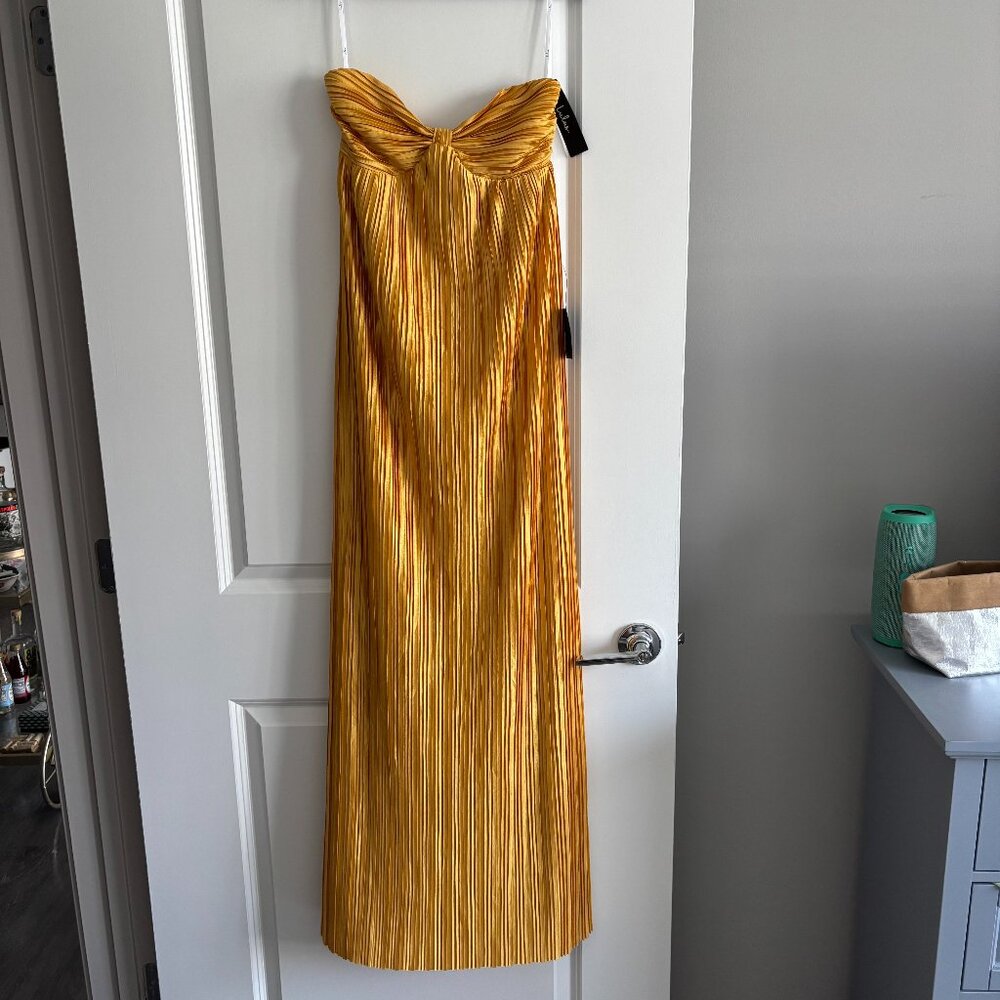 Lulus Whimsical Beauty Golden Yellow Satin Plisse Strapless Maxi Dress